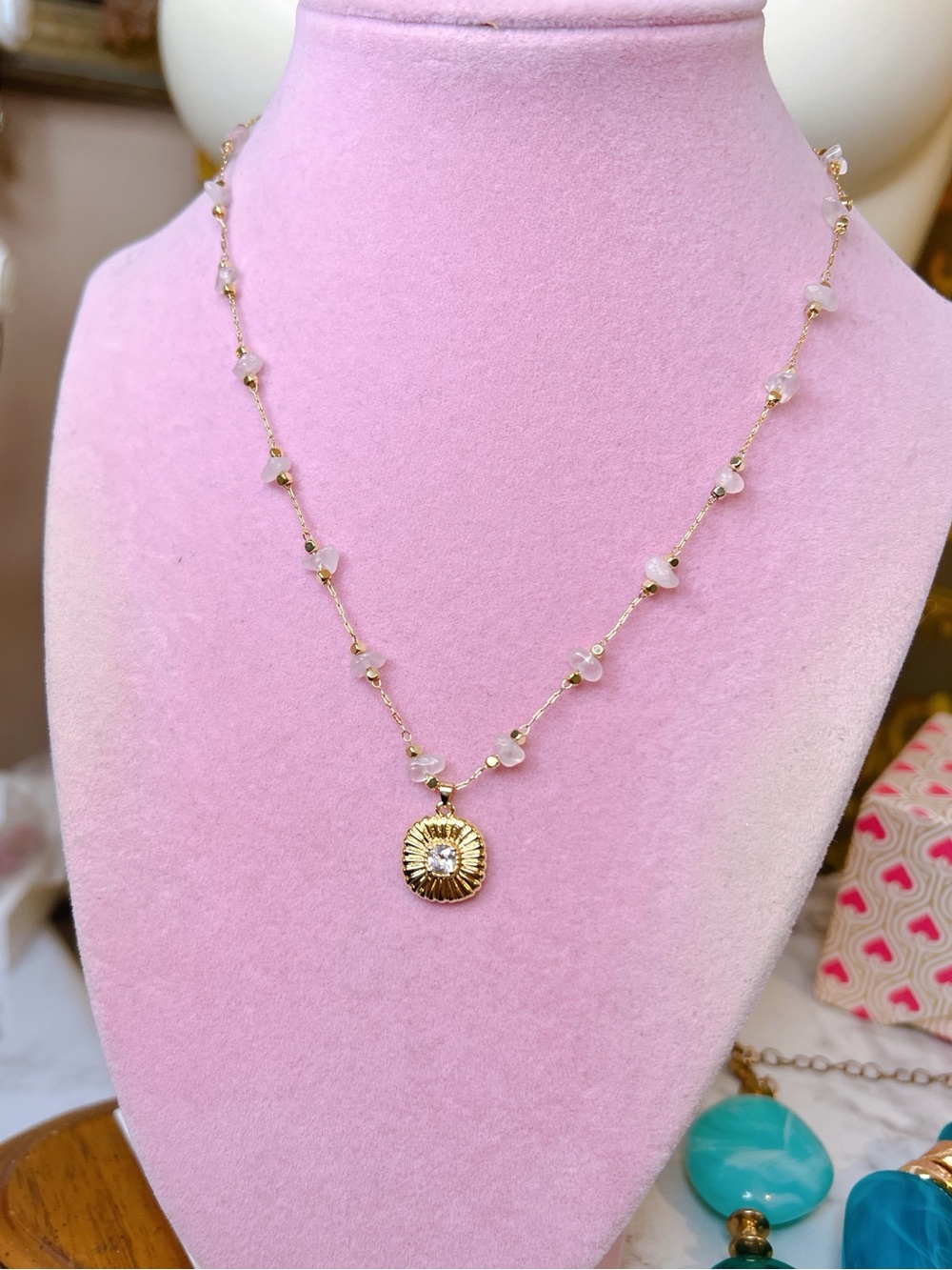 Cushion CZ 💎 diamond gold halo pendant pink quartz necklace 16” to 19”